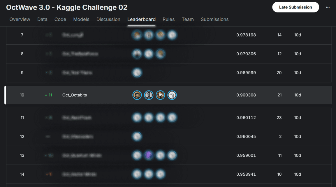 OCT Wave 3.0 Kaggle Challenge 02 private leaderboard showing 10th place and a 0.960308 score